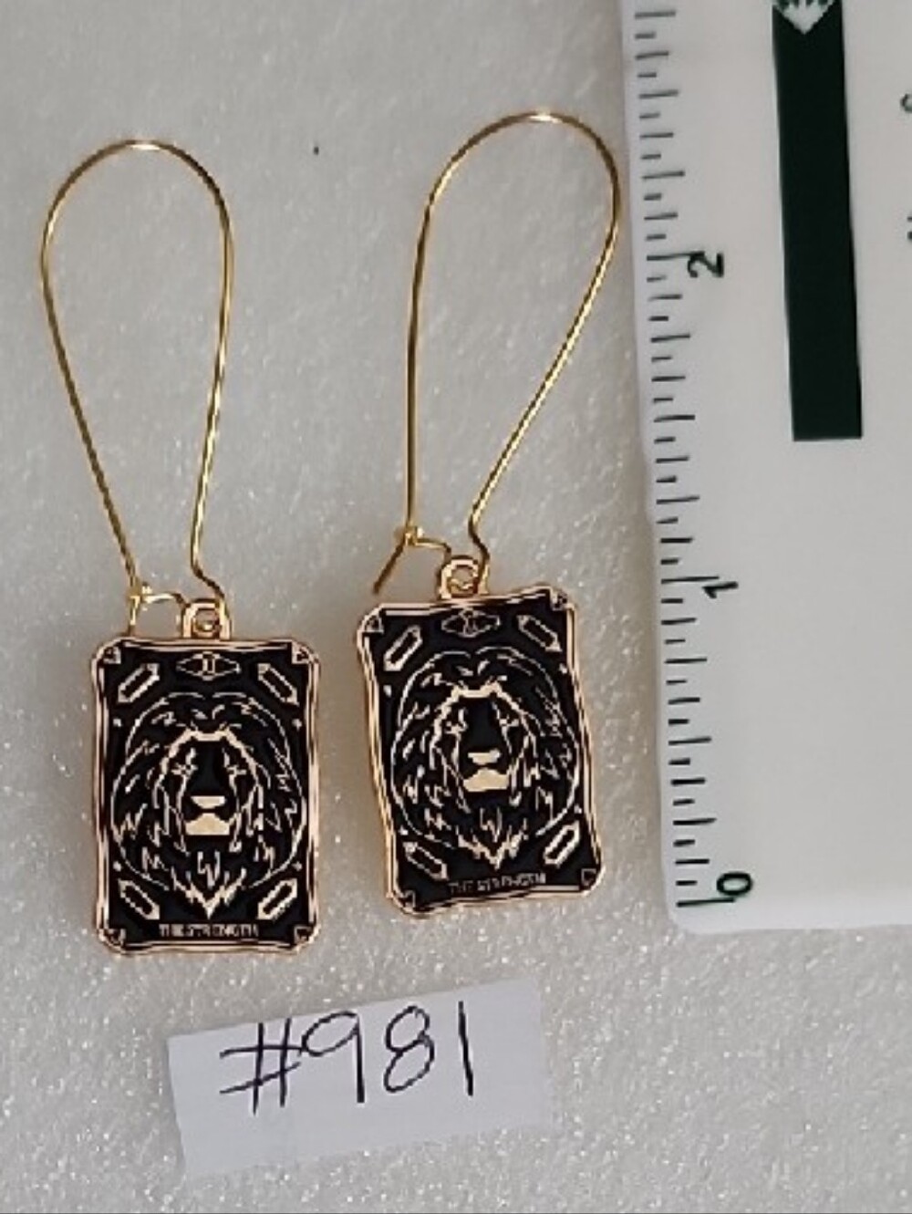 Hand Crafted Gold and Black Lion Strength Tarot Drop Earrings - Picture 2 of 3